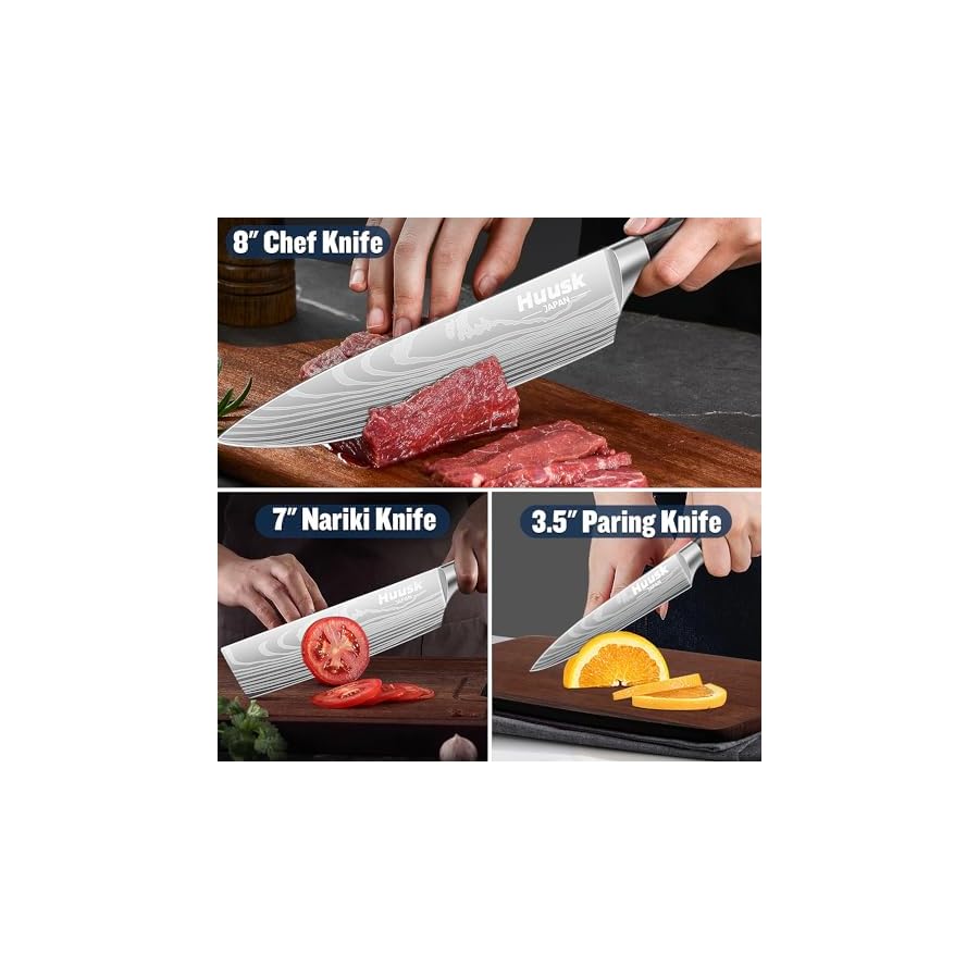 Huusk Knives from Japan Set, Japanese Chef Knife Set Professional Kitchen Knife Set, Ultra Sharp Cooking Knives Sets with Wood Handle for Home, Outdoor Camping BBQ, Gift Idea Men
