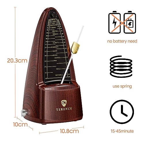TERENCE Mechanisches Metronom für Klavier Gitarre Bass Violine Bass Metronom mit hoher Präzision Traditionelle Pyramide für Anfänger Erwachsene und Kinder Holzfarbe
