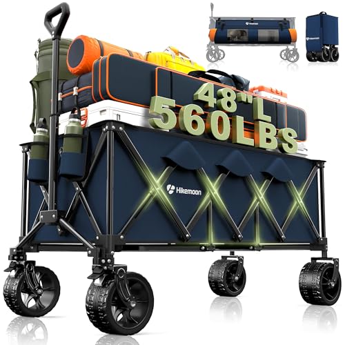 Image of Hikemoon 48"L Collapsible Wagon Cart Foldable, 560LB Weight Capacity 300L Heavy Duty Folding Beach Wagon with All-Terrain Big Wheel, Utility Wagon for Grocery, Shopping, Garden, Sports, Camping, Blue