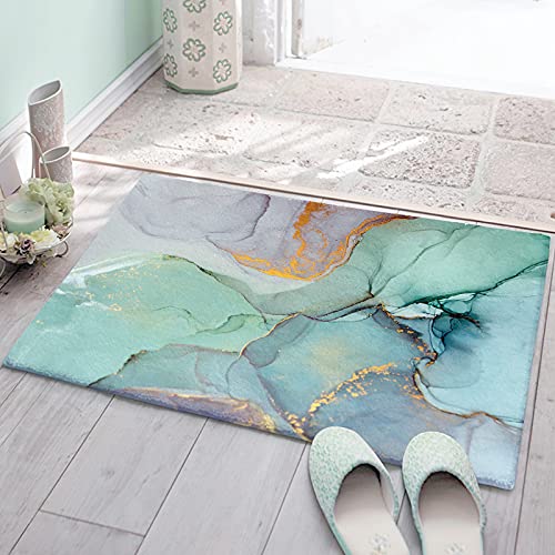 Soft Shag Doormat Marble Pattern,Non Slip Bath Rug Absorbent Mat Teal Turquoise Gold Textured,Washable Door Mats Microfiber Runner Carpet For Kitchen,Bathroom,Laundry Entrance 18X30In #TOP2