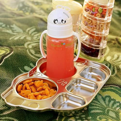 Image of Happy Hues Stainless Steel Divided Meal Plate Tray-5 Compartments Dinner Dish for Baby- Toddler- Kids Eating Food - Bus Shape