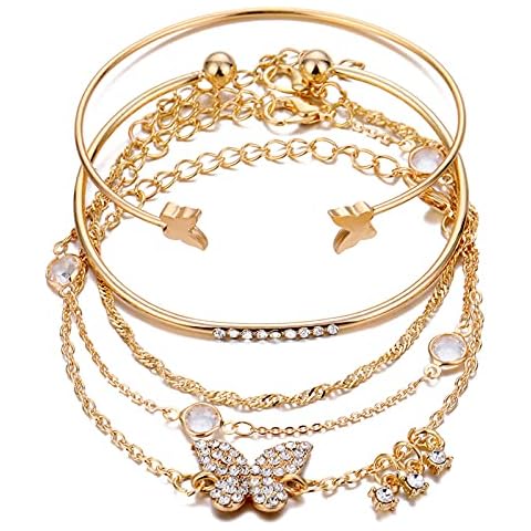 Caiyao Layered Stacking Link Chain Butterfly Bracelet Bangle Set Bohemian Paperclip Rhinestone Bead for Women 14K Gold Plated Animal Jewelry-D butterfly-2 Cover