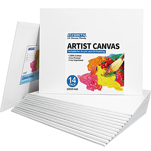 FIXSMITH Canvas Panels 14 Pack - 12 x 16 Inch Painting Canvas Panel Boards - 100% Cotton Primed Canvases - Super Value Pack - Artist Canvas Board for Acrylic, Oil & Tempera Painting