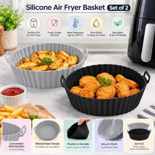 Image of Cutting EDGE Silicone Air Fryer Basket | Non Stick & Reusable Baking Tray | Round Liners with Ear Handles, Heat Resistant Oven Cooking Accessories (Set of 2, Black & Grey - Color)