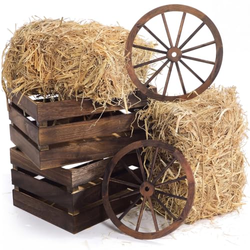GliCraft 6 Pack Straw Hay Bale Stack Decoration Wooden Wagon Wheel Set