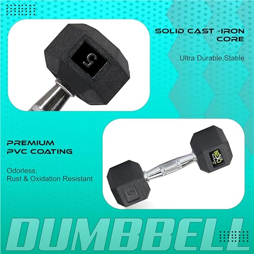 Image of NEXO Rubber Hex Dumbbell set 5kg dumbell Iron Stainless steel grip dumbbell set for Home Gym Workout Dumbbells Weights,gym equipment. Black