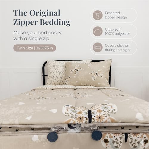 Image of Beddy's Butterfly Themed Durable Zipper Bedding for Kids - Bed in a Bag - Beige Sheets & Comforter with Butterflies, Hearts & Floral Design - Includes Pillowcase & Sham - Easy to Make & Wash - Twin