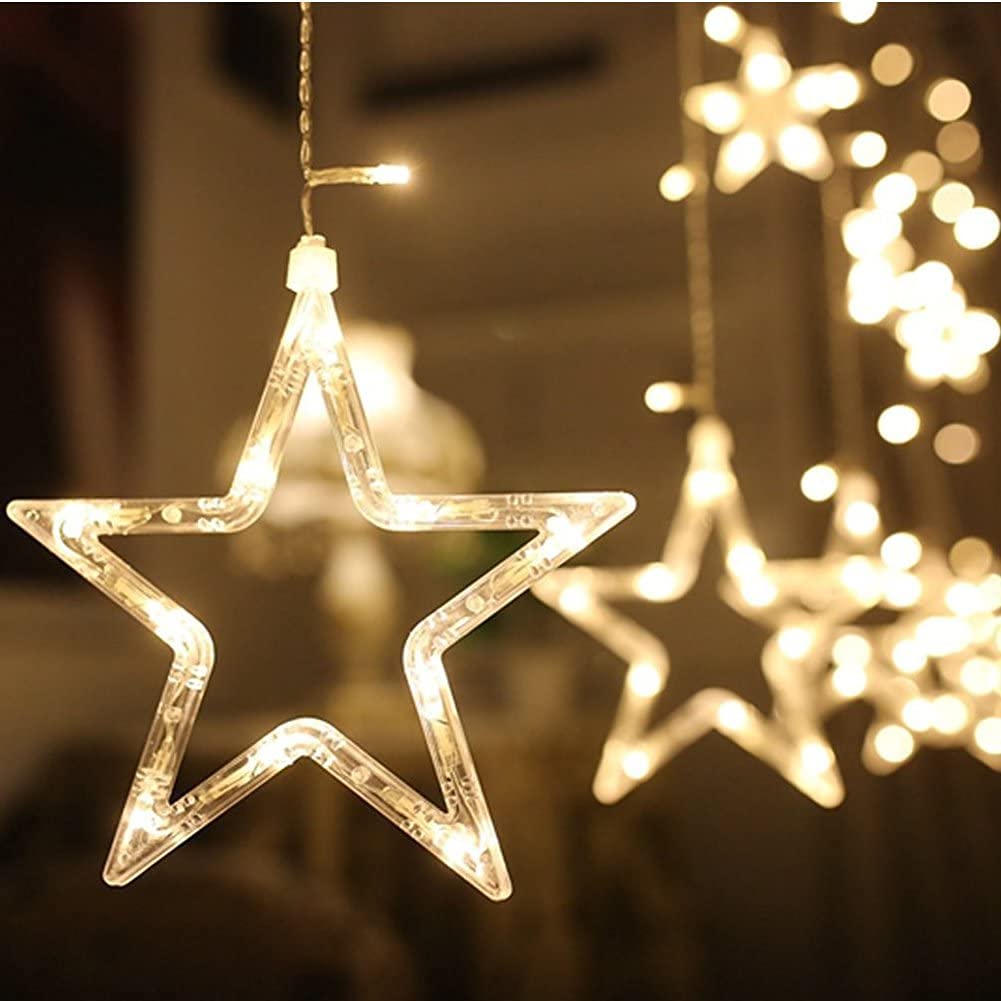 Luces de cortina de Navidad con 12 estrellas, 138 LED, cadena de luces de estrella funciona con pilas, luces LED para ventana, luces de hadas para Navidad, boda, fiesta, (blanco cálido)