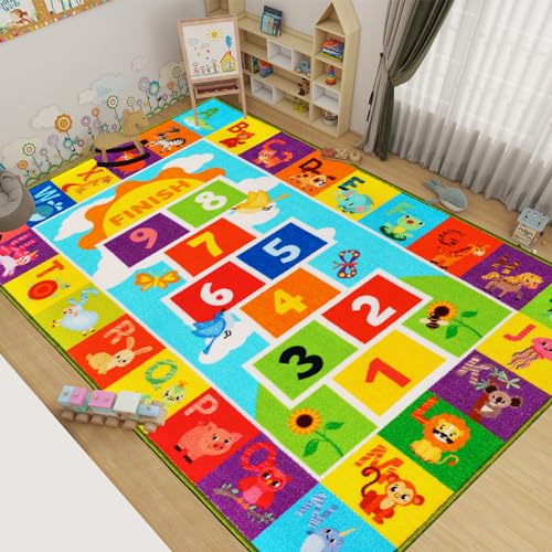 Classroom Carpet Kids Rug,59''X78.7'' ABC Alphabet Animals Hopscotch Rug,Non-Slip Educational Kids Rugs for Playroom,Washable Numbers Learning Classroom Rug for Playroom Kids Room Nursery