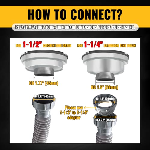 VIVIDA Double Sink Drain Pipe Kit, 1-1/2\" Flexible Drain Pipe, 11\"-31.5\" Expandable Flexible P Trap for Double Kitchen Sink, 1-1/4\" Adapter Included, Gray, 1 PACK