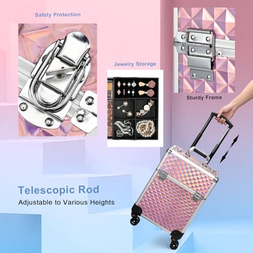 Stagiant Rolling Makeup Train Case Large Cosmetic Suitcase Trolley Makeup Luggage Storage Box 4 Tray with Sliding Rail Removable Middle Layer Swivel Wheels Salon Barber Case Traveling Cart Trunk - Thumbnail 7