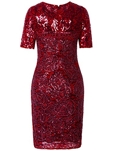 Vijiv Women Vintage Style Lace Beaded Cocktail Dress Sequin Great Gatsby Flapper Dress For Wedding Party With Sleeves,Red,Large