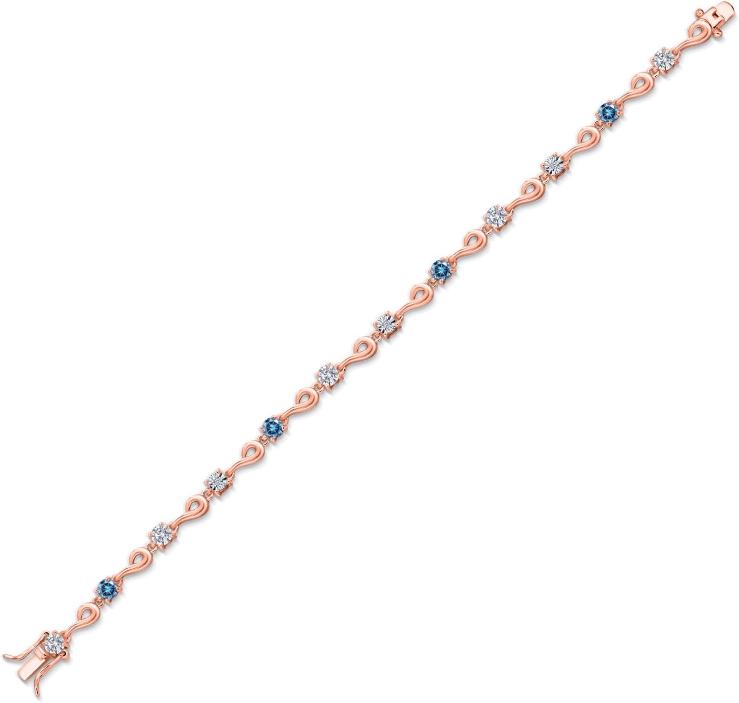 Gem Stone King 18K Rose Gold Plated Silver White Lab Grown Diamond and Persian Blue Moissanite Bracelet For Women (2.29 Cttw, Gemstone April Birthstone, Round 4MM, 7.5 Inch) - Image 2