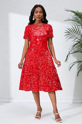 Image of Sequins Glitter Short Sleeve Women's Maxi A-line Dress - Sparkly Party Elegant