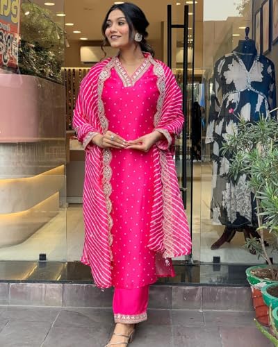 Lookmark Women's Silk Blend Table Print Kurta Pant Set With Mal Cotton Digital Print Dupatta And Embroidery Work Suitable For Every Indian Occasion (Az-Lm-Og-Ks2178 Pink-M)