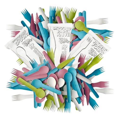 VP VIVA PAPER Cubiertos de Papel Biodegradables, Pack de 150 Piezas en Color VERDE, Compostables y Ecológicos, Tenedores, Cucharas y Cuchillos Resistentes, Ideal para Fiestas y Eventos.