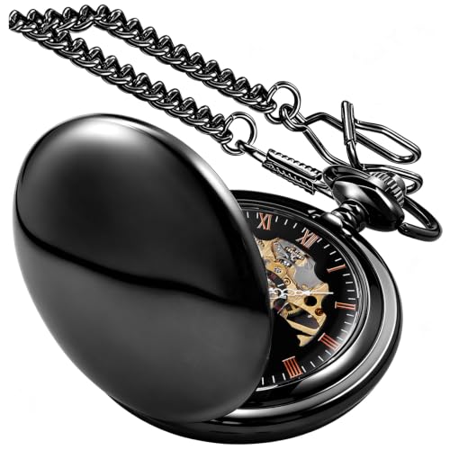 Image of Mens Pocket Watch Skeleton Mechanical Hand Winding Half Hunter Silver Black Golden Case Roman Numerals with Gift Box