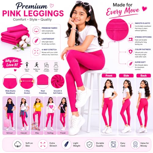 Image of BODYCARE Girls Cotton Stretch Leggings, Elastic Waist Ankle Length Leggings for Kids, Soft