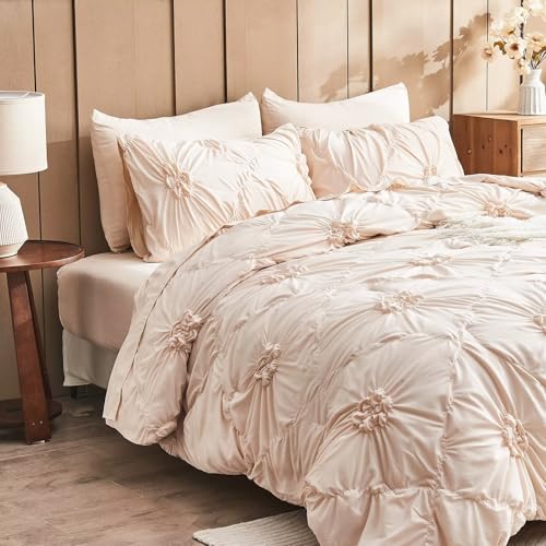 Image of Beige Comforter Set Full Size Bed in A Bag 7 Piece Pinch Pleat Bedding Set,Pintuck Ruched Flowers Bed Set with Comforter, Sheets, Pillowcases & Shams