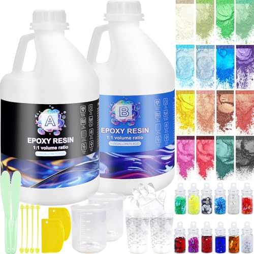 Ghguole Epoxidharz Set-4.15 L/1.1 Gallen Epoxidharz mit Härter 1:1 für Anfänger,Kristallklares Gießharz mit Farben,Glitzer für Holz,Gussbeschichtung Holz,Schimmelguss,DIY Dekoration