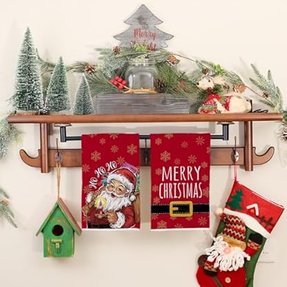 DineDia Rote Weihnachts-Küchentücher, Weihnachtsmann-Design, 2er-Set, Ho Ho Ho, Schneeflocke, Weihnachten, Geschirrhandtücher, Urlaub, Zuhause, Innenbereich, Badezimmer, Party, saisonale – Bild 4