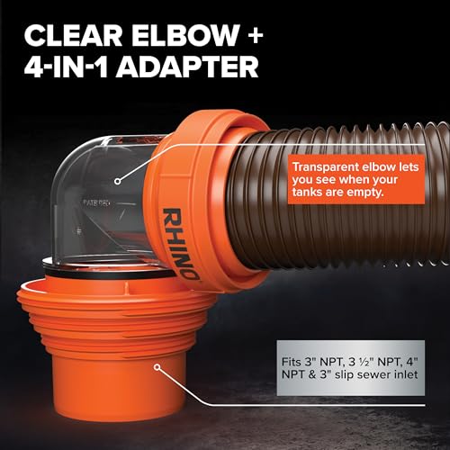 Camco-RhinoFLEX-15-Ft-CamperRV-Sewer-Hose-Kit-Features-Clear-Elbow-Fitting-wRemovable-4-in-1-Adapter-Connects-to-3-Slip-or-3354-NPT-Threaded-Sewer-Connection-39770