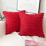 Sykting Christmas Red Throw Pillow Covers 20x20 inch Soft Striped Boho Decorative Pillow Covers with Pom Poms for Couch Sofa Bed Living Room Pack of 2