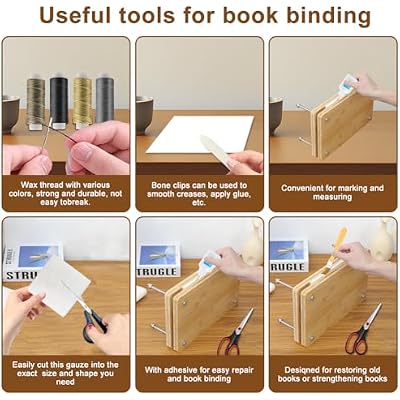 56 Pcs Bookbinding Supplies Kit 6-Color Thread Needles, Awl, Scoring Folder, Book Cloth & Storage Bag, 11.6 x 7.8 Inch Book Repair Kit, Wooden Bookbinding Press for DIY BookRepair, Handmade Crafs