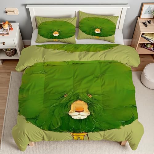 Housse de Couette 220x240 Lion au Design Graphique Soigné, Parure de Lit Vert Microfibre - 3