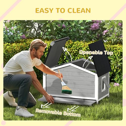 PawHut Dog House Outdoor, Wooden Cabin Style Raised Dog Kennel Shelter with Openable Roof, Removable Bottom, Windows, Curtain, Foot Covers, for Small and Medium Dogs, Gray - Image 5