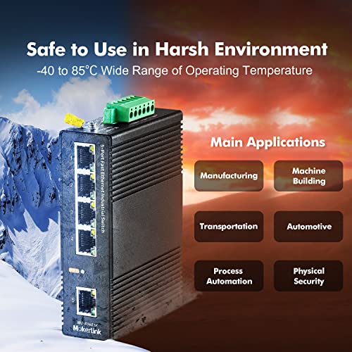 Image of MokerLink 5 Port Industrial DIN-Rail Network Switch, 10 /100Mbps Fast Ethernet, IP40 Rated Network Switch (-40 to 185F), with UL Power Supply