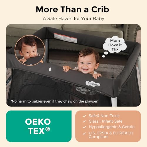 Image of Pamo Babe Travel Pack and Play, Foldable Portable Playpen with Mattress | Certified Baby Safe, Grey Playard with Zipper Door, Lightweight Baby Travel Bed with Backpack, Travel Crib for Outdoor Indoor