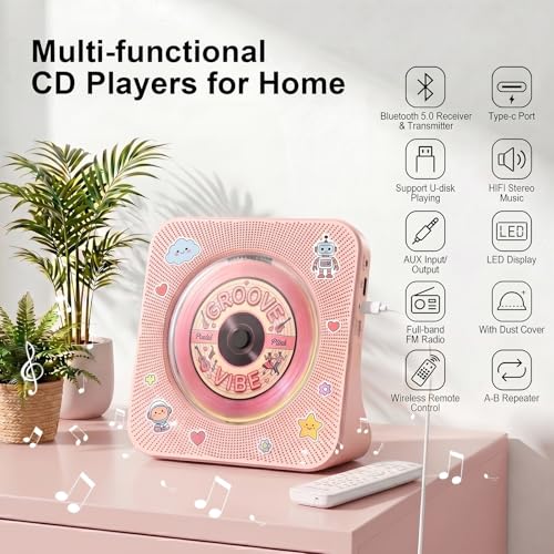Image of Gueray CD Player Portable Bluetooth Desktop CD Player for Home with Timer Built-in HiFi Speakers with LCD Screen Display Boombox FM Radio USB Type-c (Pink)