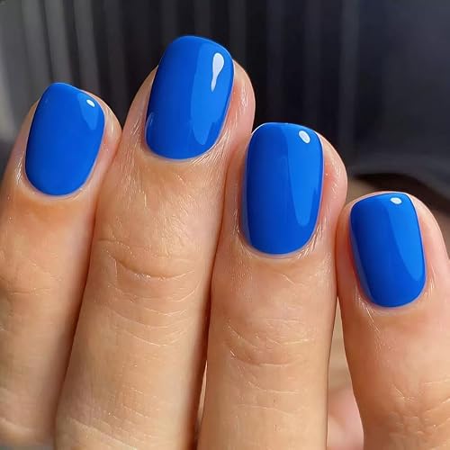 Klein Blue Press on Nails Short Square Glossy Fake Nails Bright Solid Color False Nails Reusable Stick on Nails Full Cover Press Ons Acrylic for Women Manicure Decor 24Pcs