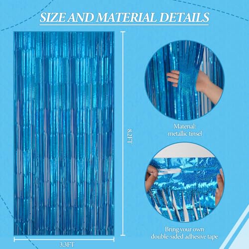 Image of DECOCKRAT 3 Pack Foil Fringe Backdrop - Laser Blue Shiny Tinsel Curtains for Party Decoration /Photo Booth Props - 3.3x8.2 FT Metallic Foil Backdrop for Birthday, Wedding, Graduation, Christmas.