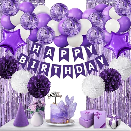 Violett Geburtstags Party Deko Set, Happy Birthday Luftballon Girlande Lila Ballons 6 Papier Pompoms Geburtstagsdeko