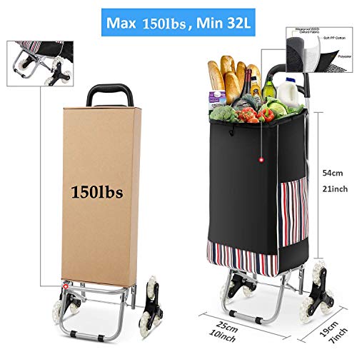 DREAMVAN Folding Shopping Cart, Load Stair Climber Cart Trolly Grocery Laundry Utility Cart 150lbs W/Handle, Swivel Wheels & Detachable Waterproof Canvas Bag - Thumbnail 5