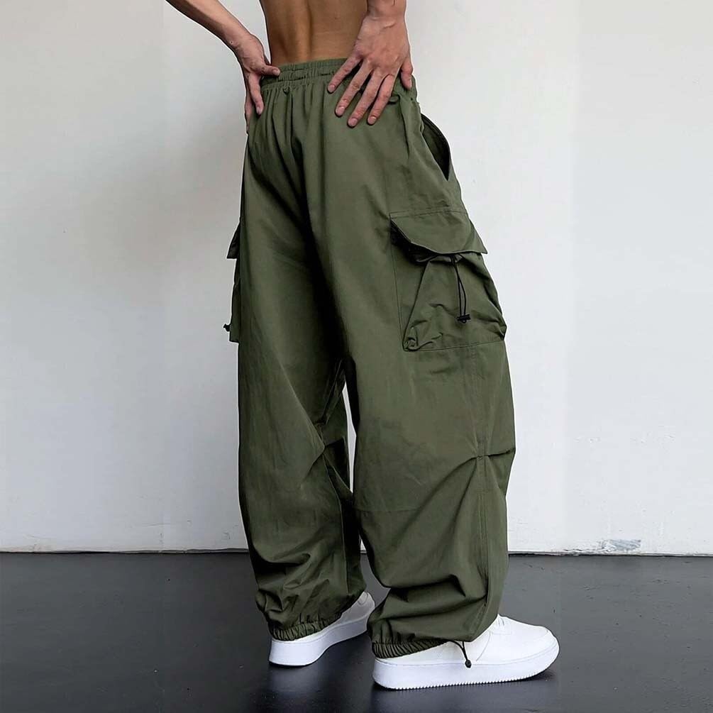 Męskie spodnie do biegania, luźne spodnie cargo z kieszeniami, spodnie dresowe Y2K, długie spodnie Streetwear ze sznurkiem (zielony, XL)