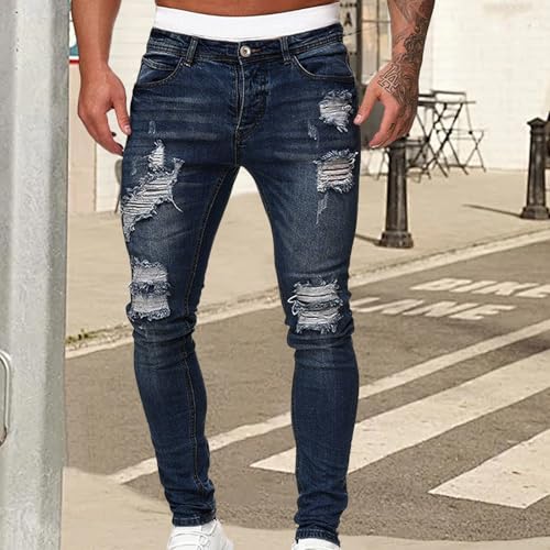 Ripped Jeans for Men Regular Fit Distressed Destroyed Pant Classic Tapered Leg Denim Pants Stretch Washed Skinny Jean3