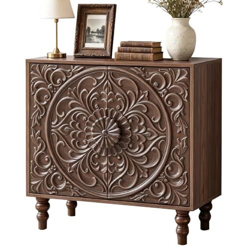 BERRYMERRY Vintage Accent Storage Cabinet with Storage, French Style Sideboard Buffet Cabinet with 2 Flower Carved Doors & Distressed Design for Living Room,Hallway,Dining Room (Walnut 1PC)