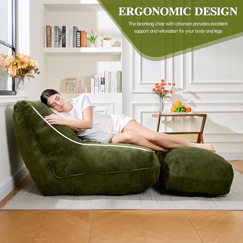 Cvortll Bean Bag Chair with Ottoman, Comfy Bean Bag Sofa with Memory Foam, Lazy BeanBag Sofa with Footstool, Fireside Bean Bag Couch for Living Room, Bedroom, Apartment (Green) by Cvortll - Image 3