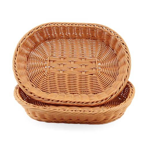 JAPCHET 2 PCS Oval Wicker Food Basket, 35 x 25 x 7cm Imitation Rattan, for Fruit, Bread, Vegetables