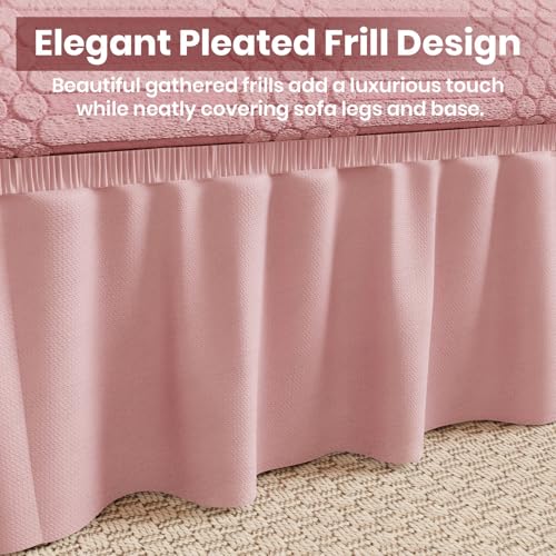 Image of Lukzer 2 Seater Jacquard Sofa Cover with 360 Frill Skirt - Pastel Pink Dotted Stripe | 240 GSM Stretchable Anti-Slip Fully Covered Universal Couch Cover for Living Room (140-180CM /SC-068-02F)