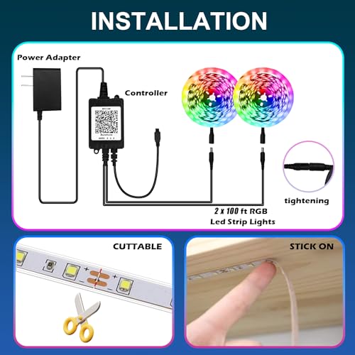 KIKO 200Ft/60M Outdoor Waterproof LED Strip Lights with Self-Adheisive Back, IP65 RGB Led Light Strips, Ultra Long with App Control, Remote, Color Changing LED Rope for Decoration by KIKO - Image 2