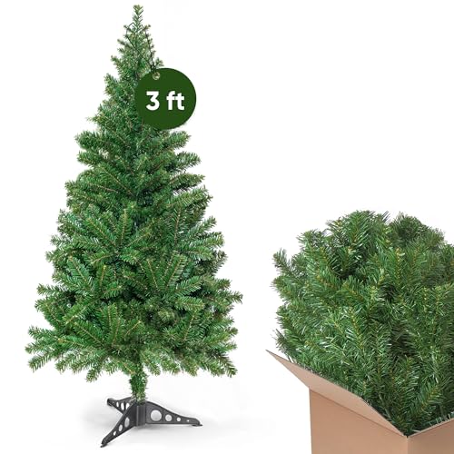FB FunkyBuys 3ft Small Christmas Tree with Sturdy Stand, 130 PVC Tips – Realistic Bushy Spruce Branches Easy Assembly – Indoor Outdoor Xmas Tree for Christmas Holiday Home Decoration (Green)