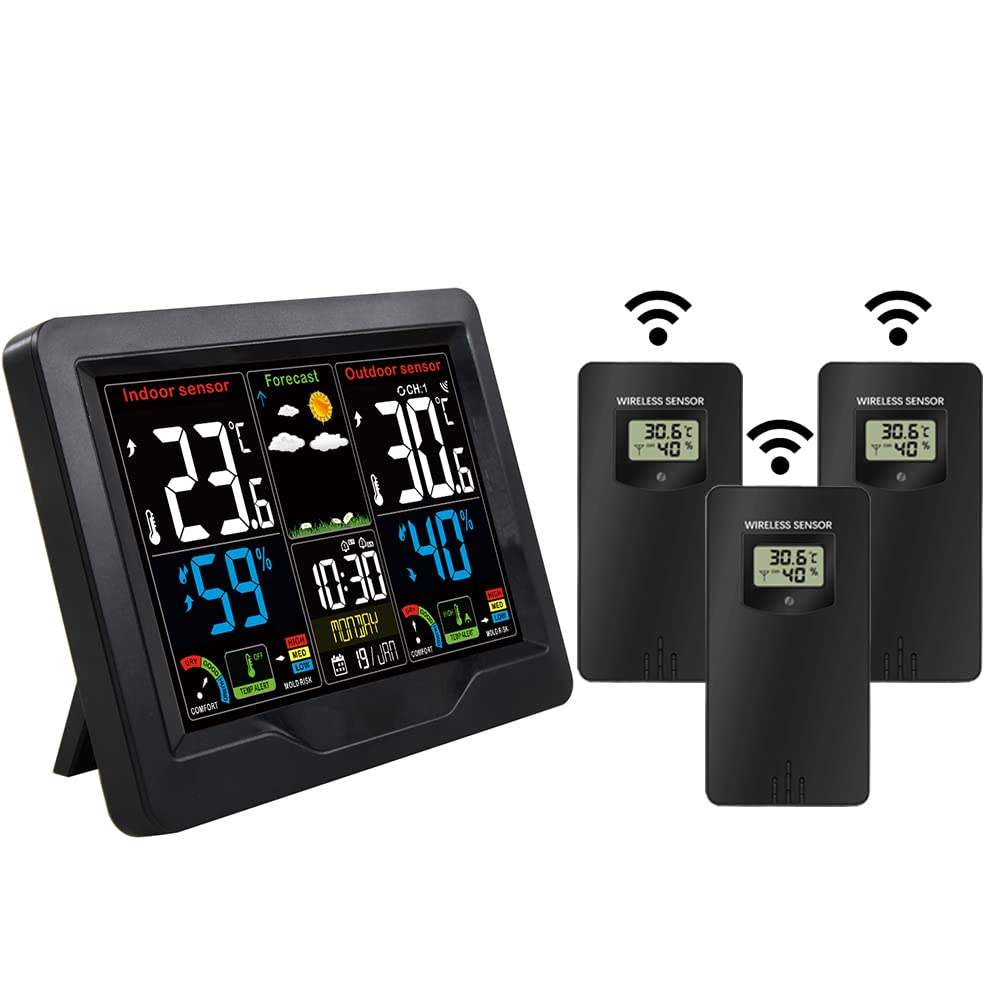Stacja pogodowa Cyfrowa termometr Higrometr Indoor Temperatura zewnętrzna Miernik wilgotności LCD Wyświetlacz kolorowy wyświetlacz czujnika(3pcs sensors)