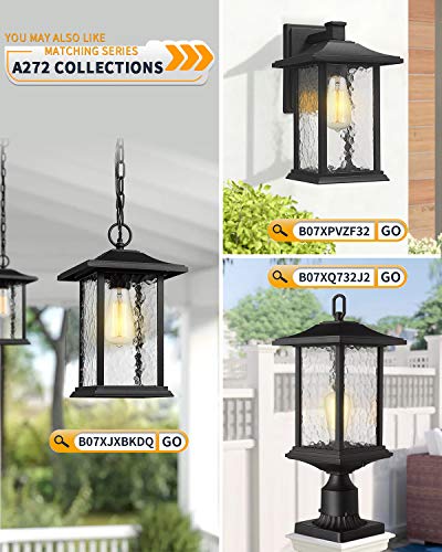 Beionxii Outdoor Pendant Lights For Porch, 14" H Large Exterior Hanging Lantern Chandelier, Black Cast Aluminum W/Water Glass - A272H-1Pk #TOP6