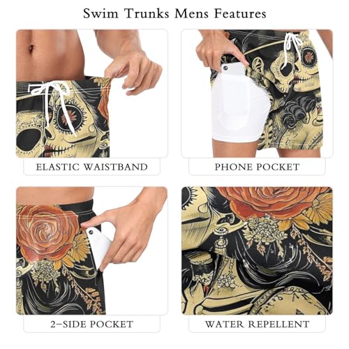 Mens Swim Trunks with Liner, Couple Skeletons Gothic Cool Quick Dry Beach Swim Shorts, Swimwear Bathing Suits S3
