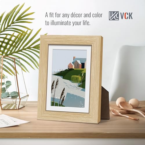 Image of VCK 5x7 Picture Frame 5 Pack, Oak Wood, 4x6 Mat, Glass, for Portrait Print
