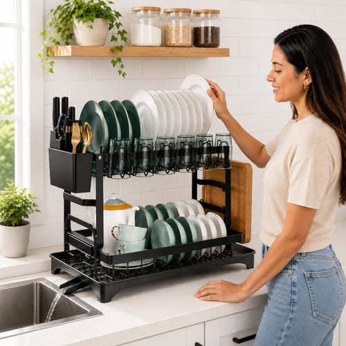 Image of DAHAN Dish Drying Rack Stainless Steel Over Sink 2 Tier Dish Drying Rack with Automatic Drainage System, Utensil Holder and Cutting Board, Cup Rack, Suitable for Kitchen